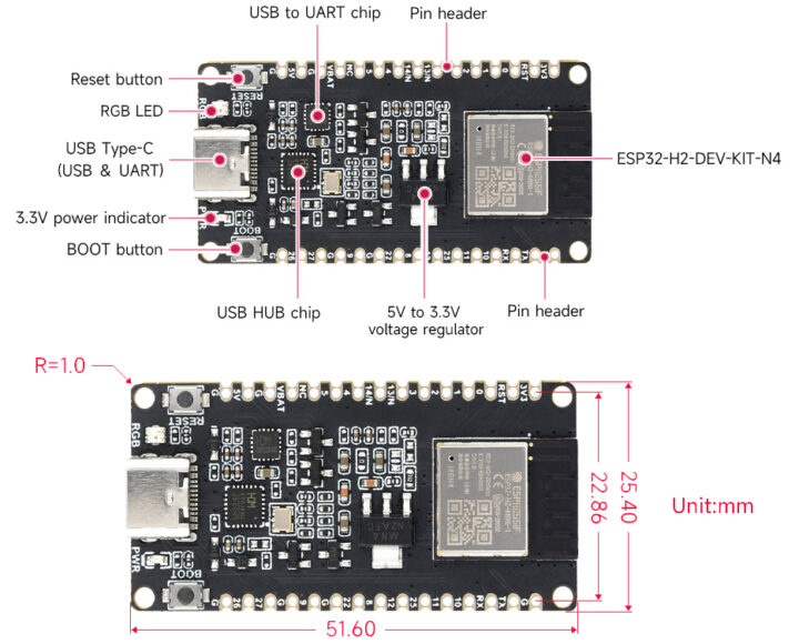 Waveshare ESP32 H2 DEV KIT N4 M Onboard Resources and Outline Dimensions