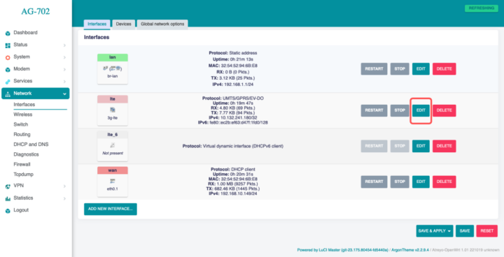 AG-702 web network interfaces LTE