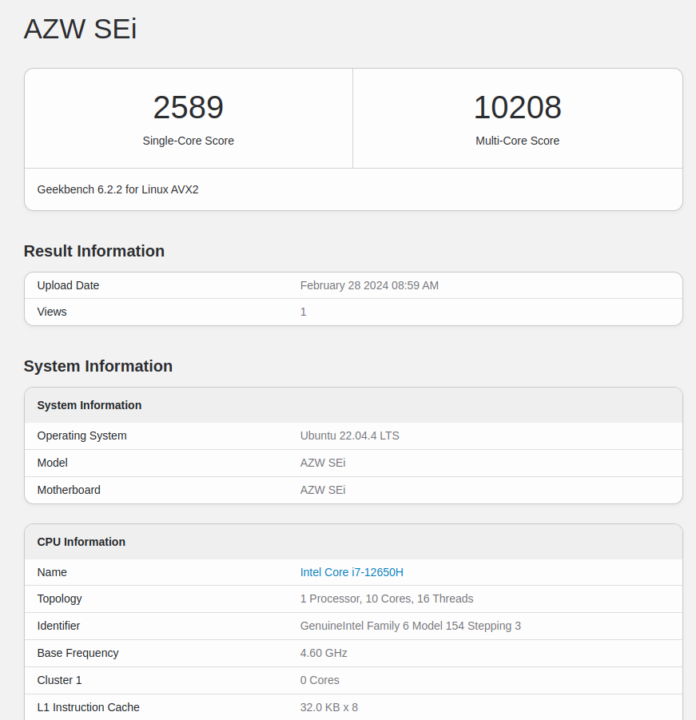 Beelink SEi12 i7-12650H Geekbench 6.2.2 Ubuntu