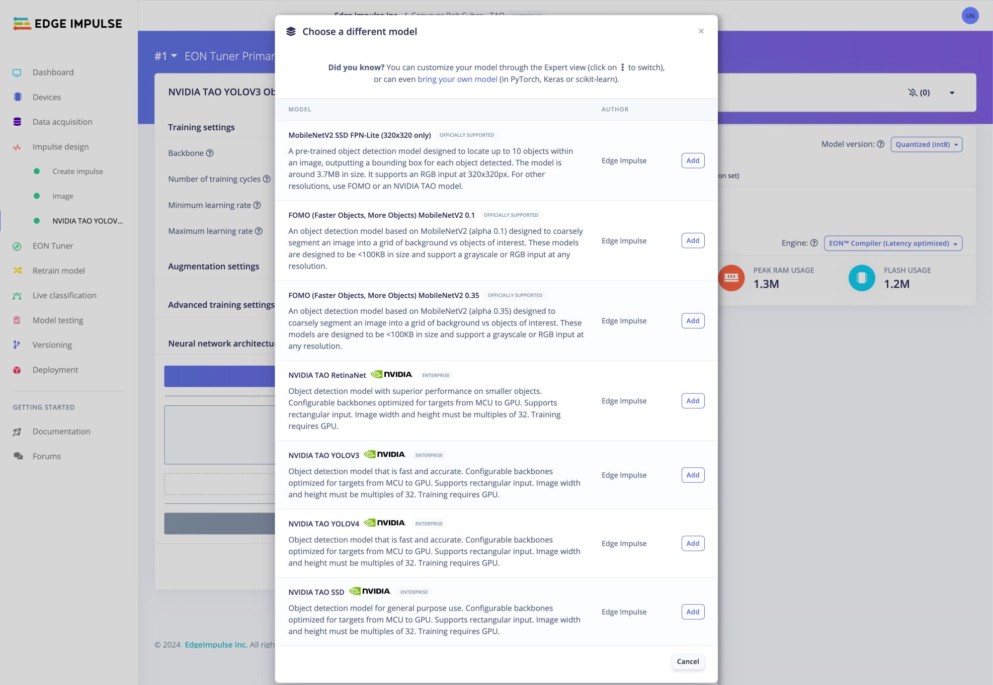 Edge Impulse NVIDIA TAO Models