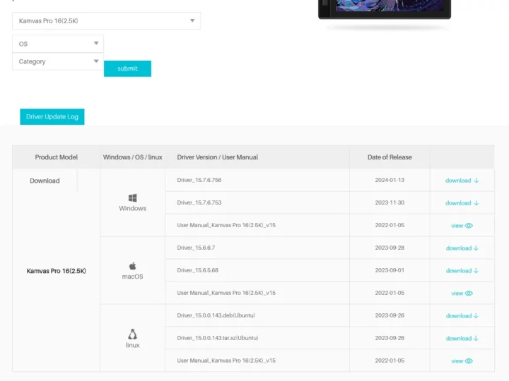 Kamvas Pro 16 2.5K drivers download windows macos linux