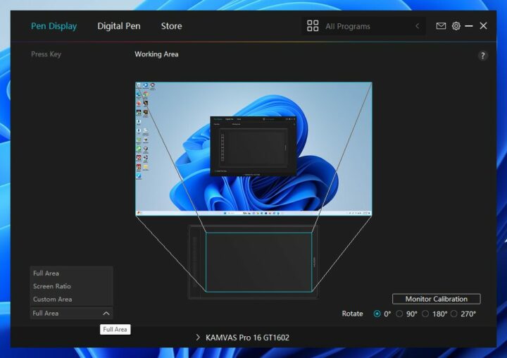 Kamvas Pro 16 2.5K working area settings