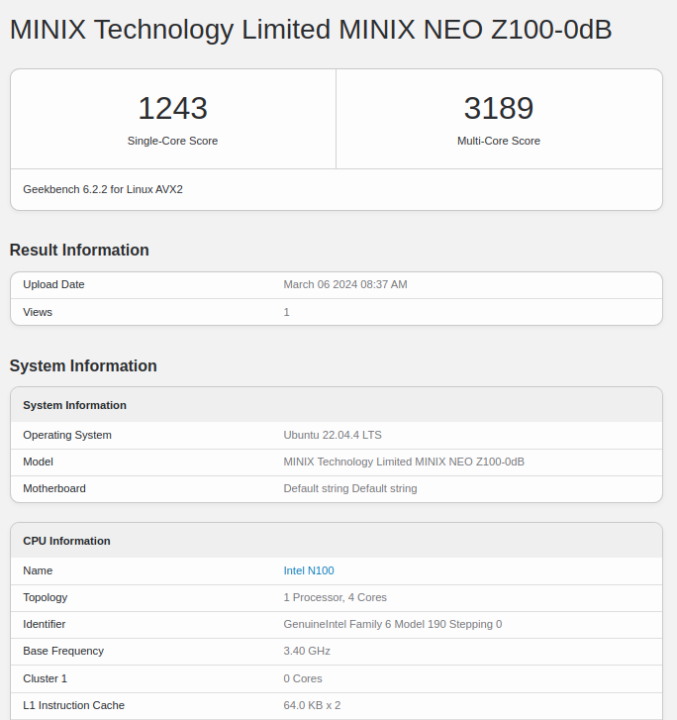 MINIX NEO Z100-0dB geekbench 6 benchmark