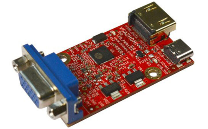 Olimex VGA2HDMI: open-source VGA-HDMI converter for CERBERUS 2100, AGONLIGHT 2, AGON ORIGINS. VGA input, HDMI output, USB-C for power.