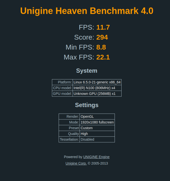 Unigine Heaven Benchmark 4.0 Fanless Intel N100 mini PC