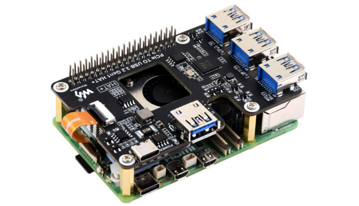 Waveshare's PCIe To USB 3.2 Gen1 HAT+ with Pi5 Connected