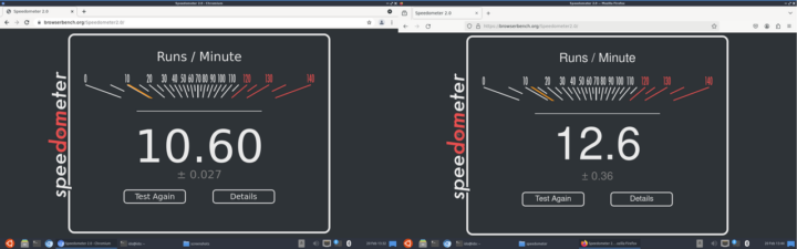 Results of Speedometer on Purple Pi OH (left) Chromium and (right) Firefox