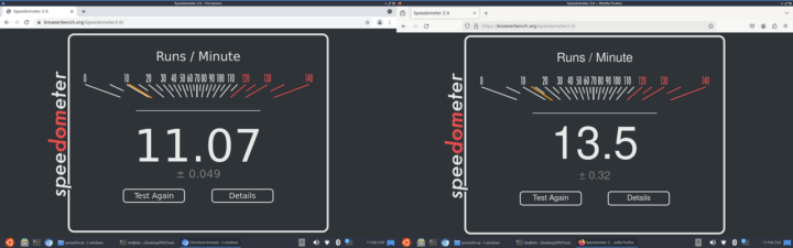 Results of Speedometer on Purple Pi OH Pro (left) Chromium and (right) Firefox