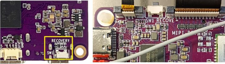 Locations of the SW1 button (left: document, right: physical board)