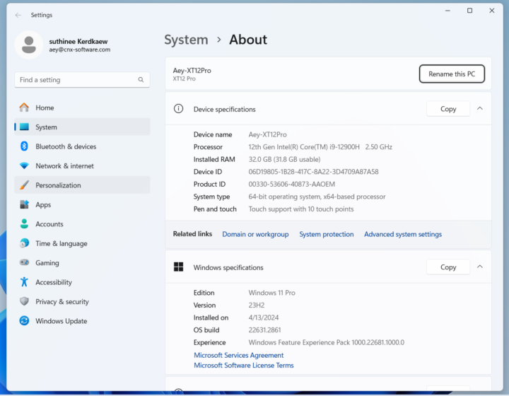 GEEKOM XT12 Pro Windows 11 Pro About System