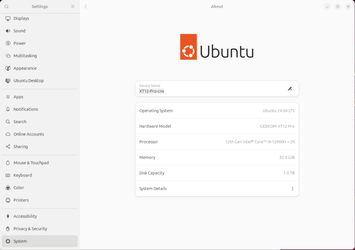 Ubuntu 24.04 about GEEKOM XT12 Pro