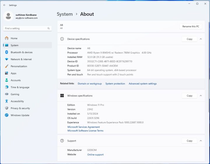 GEEKOM A8 Ryzen 9 8945HS Windows 11 System About