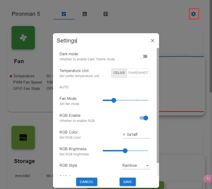 Pironman 5 dashboard