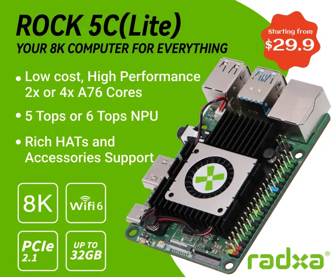 Radxa ROCK 5C (Lite) SBC with Rockchip RK3588 / RK3582 SoC