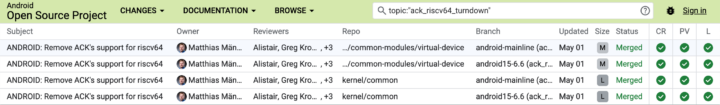 The four merged Android changes on the AOSP tracker