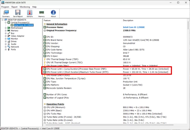 Intel Core i9-12900E HWInFO64 power limits