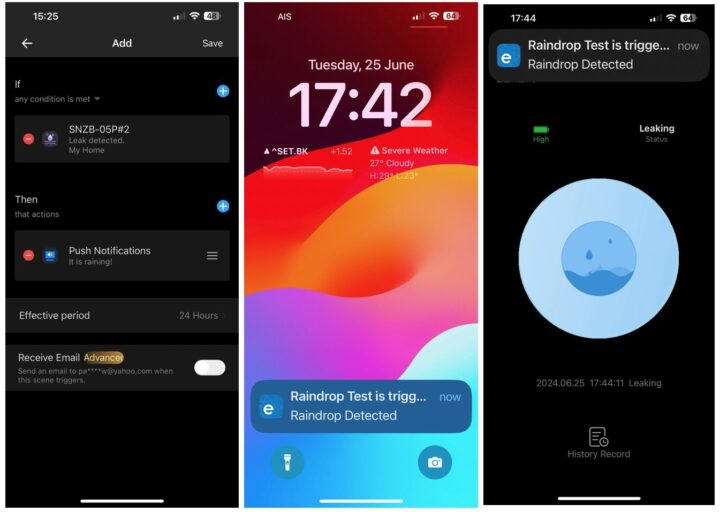 SONOFF SNZB-05P water leak (raindrop) detection in eWelink mobile app