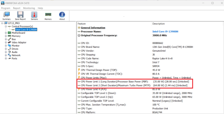 Intel Core i9-13900H power limits PL1 PL2