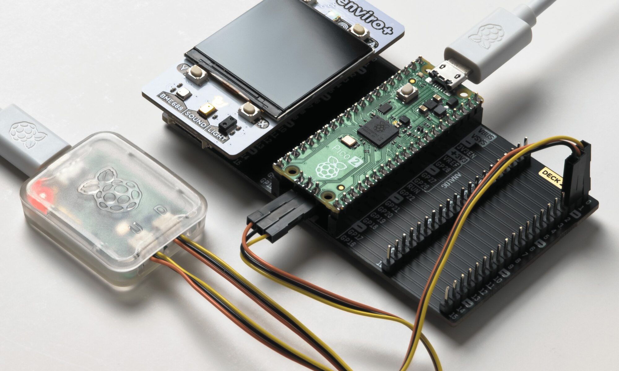 Raspberry Pi Pico 2 (RP2350) with Enviro+ pack hat.