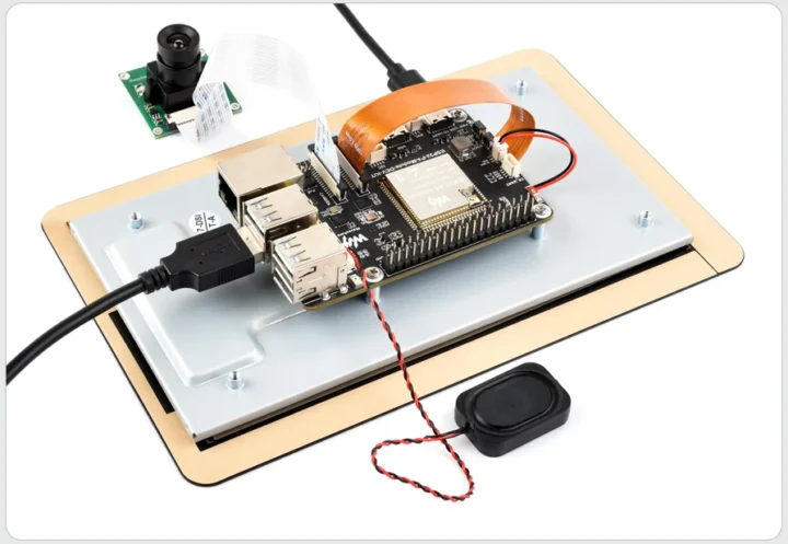 ESP32-P4-Module-DEV-KIT-B with 7-inch display, Raspberry Pi camera, speakers, and cables ESP32-P4-Module-DEV-KIT-B with 7-inch display, Raspberry Pi camera, speakers, and cables