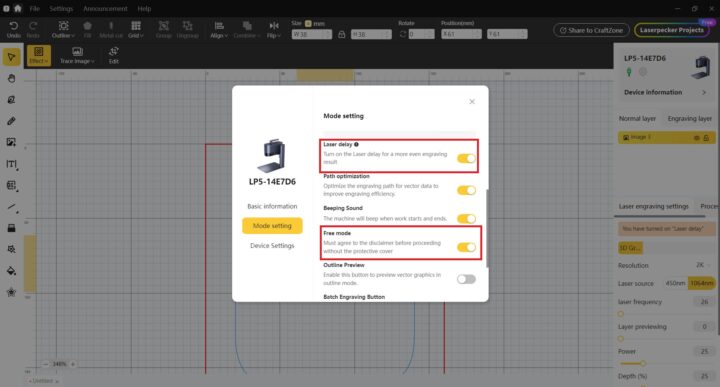LDS software settings laser delay free mode