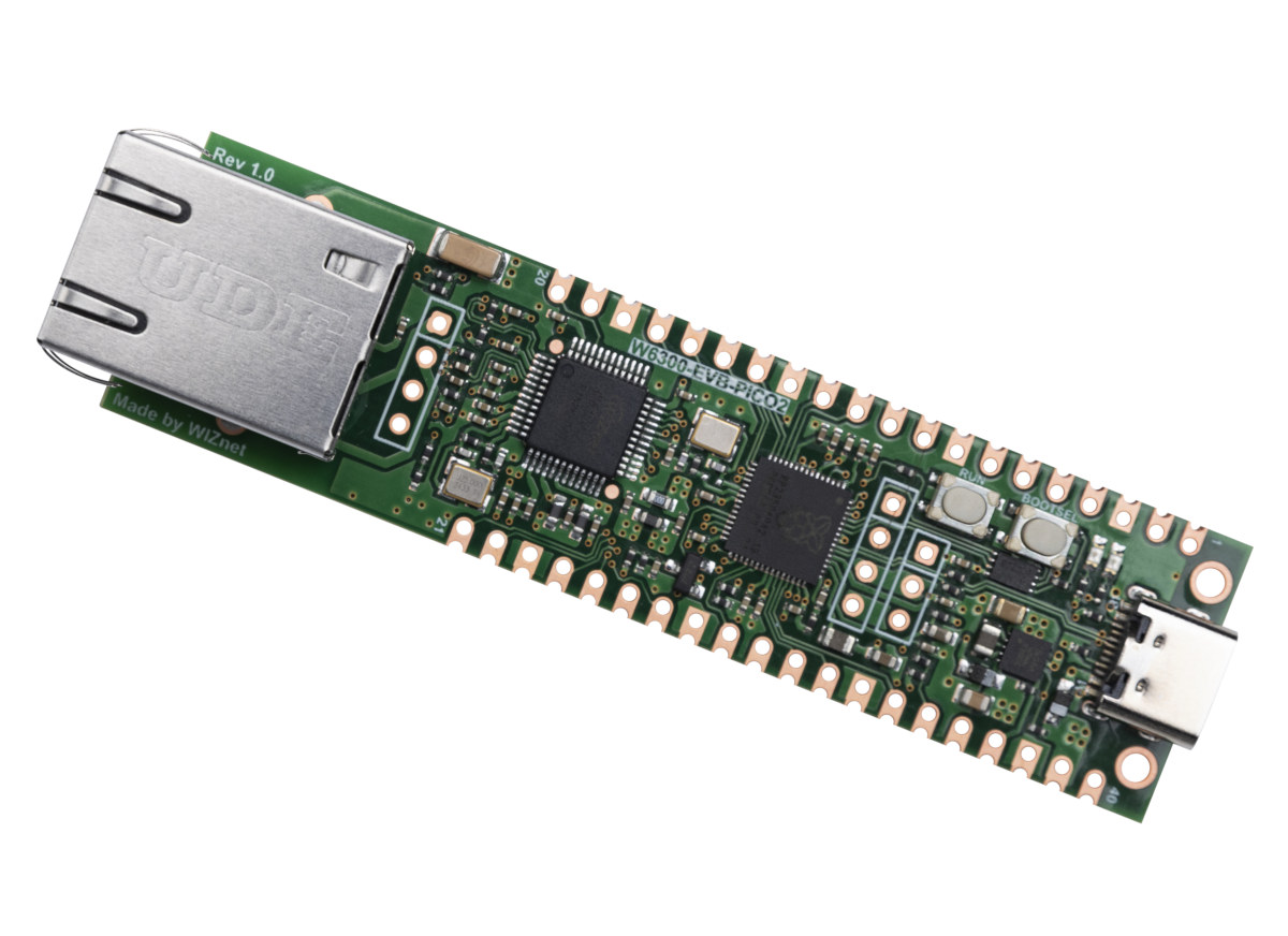 W6300-EVB-PICO2 board with Raspberry Pi RP23500 and W6300 QSPI Ethernet controller