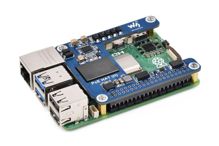 Waveshare PoE HAT (H) attached to Raspberry Pi 5