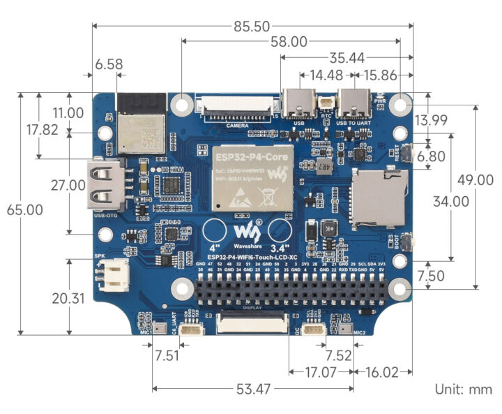 ESP32 P4 WIFI6 Touch LCD 4C Mainboard dimensions