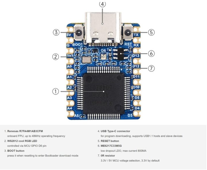 RA4M1 Zero Mini Development Board Onboard Components RA4M1 Zero Mini Development Board Onboard Components