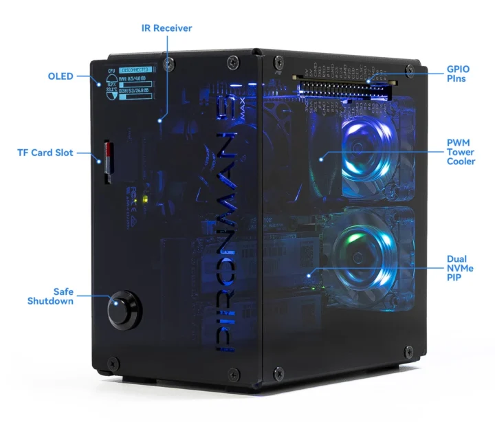 Raspberry Pi 5 Tower PC Case fans OLED IR receiver
