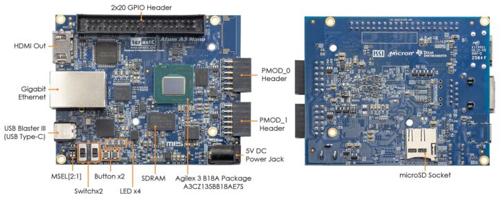 Terasic Atum A3 Nano Agilex 3 FPGA development board top and bottom