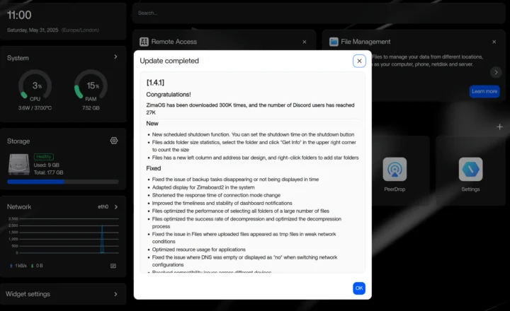 ZimaOS v1.4.1 update success changelog