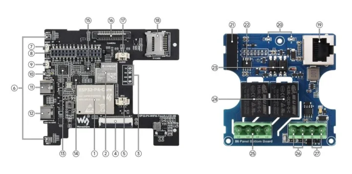 ESP32-P4-WiFi6-Touch-LCD-4B and 86 Panel Bottom boards