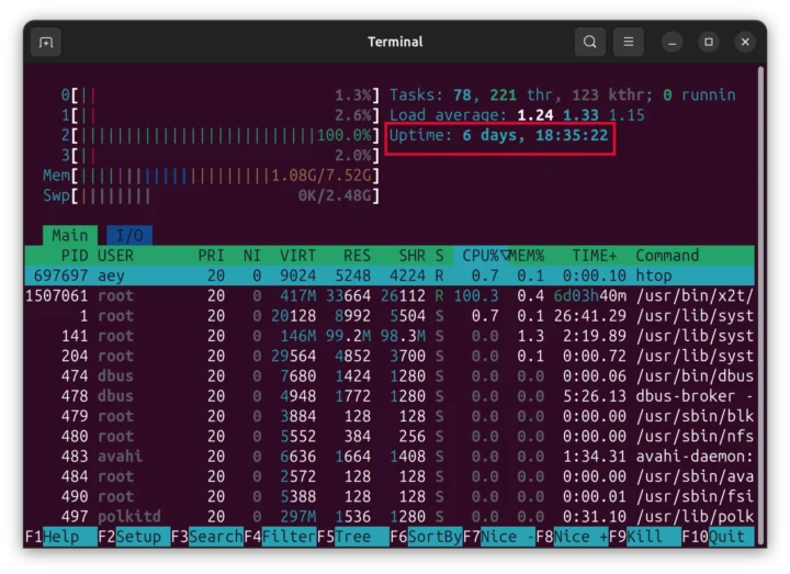 ZImaboard 2 htop 6 days uptime
